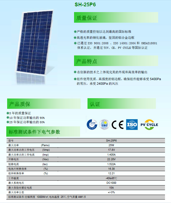 SHP-25W家用照明太阳能板 高效多晶硅光伏组件的实用之选